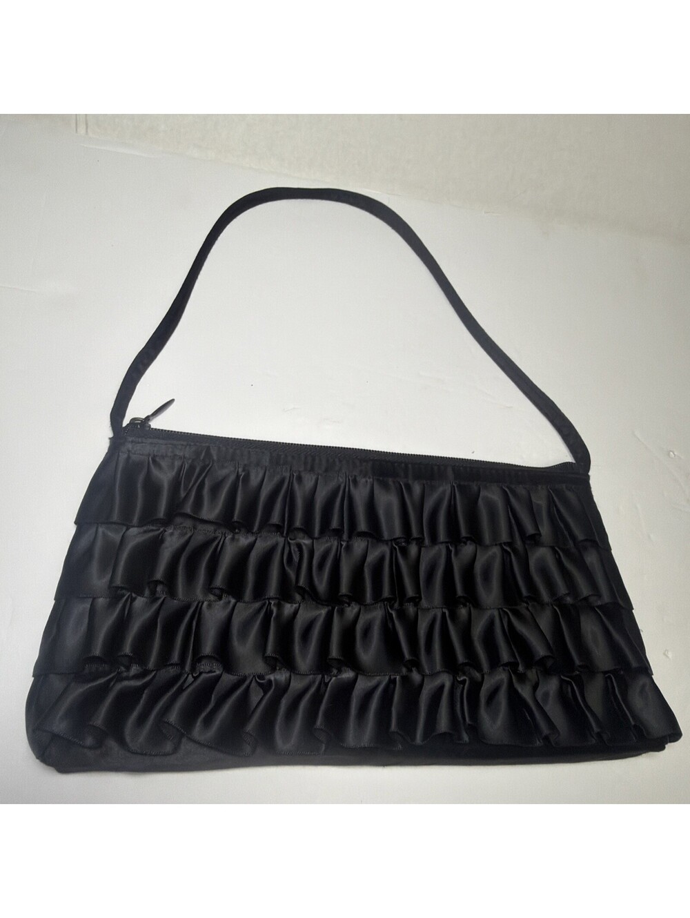 VTG Lancôme Black Satin Purse Tiered Ruffles 12” X 6.5” Cocktail Evening Bag
